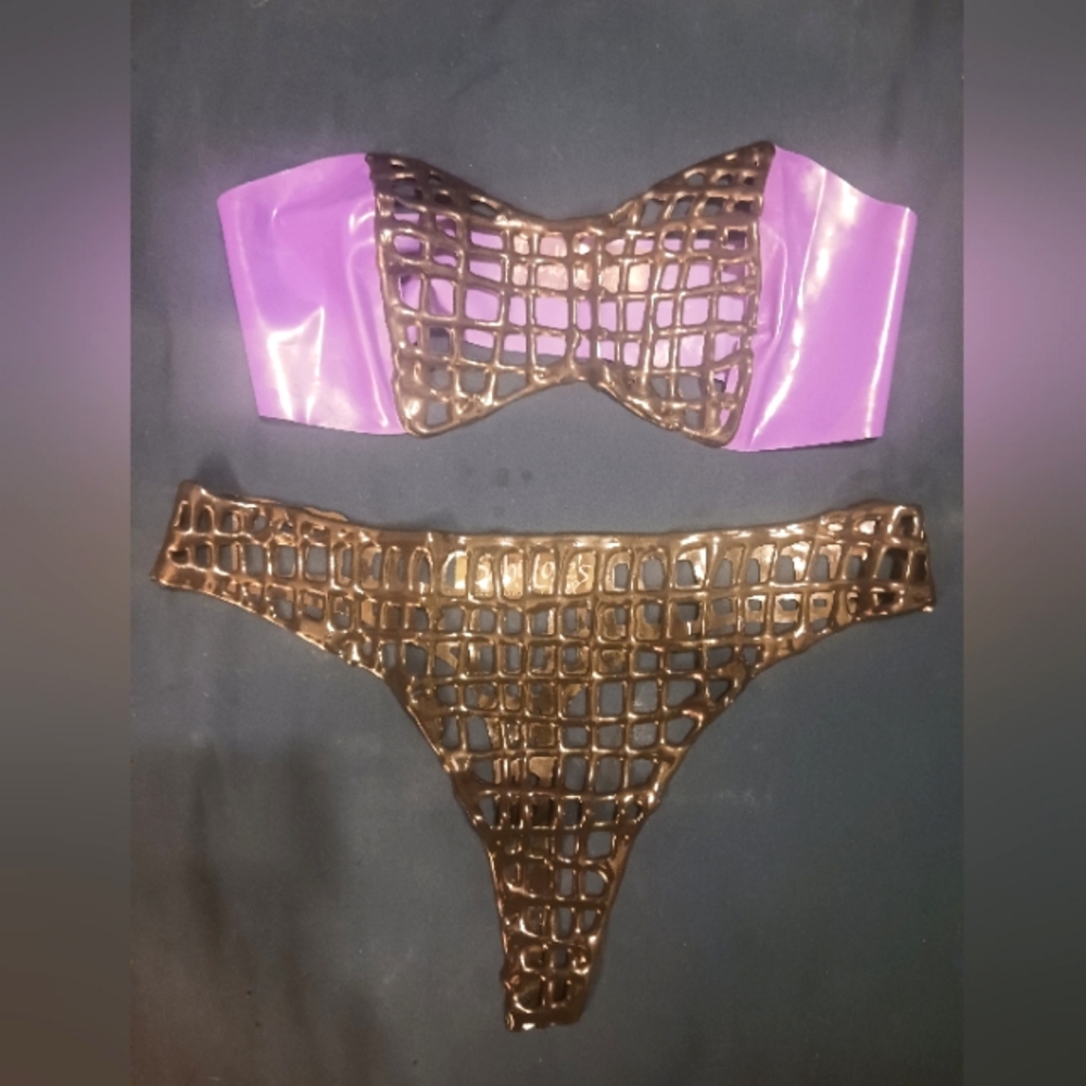 Baby Loves Latex Cage Bikini - Matte Purple & Black - Size M - U.S Dress 4-6